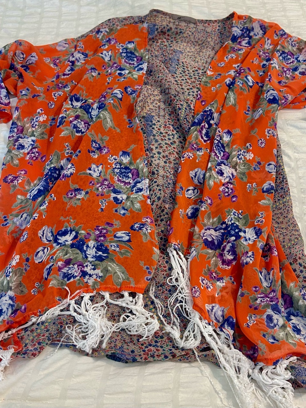 Source Unknown Orange Floral Fringe Kimono Tunic